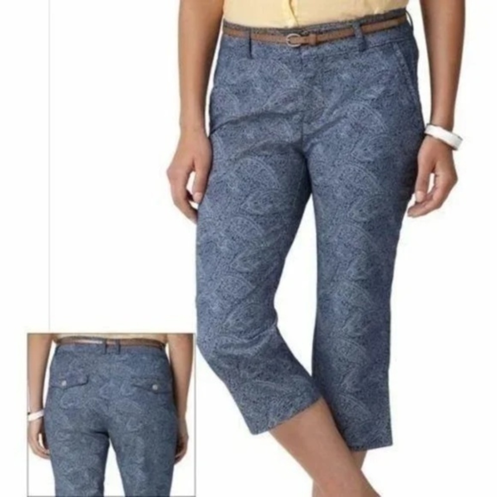 Dockers‎ Capri Pants Dark Blue and White Floral Paisley Print with Belt Size 14P